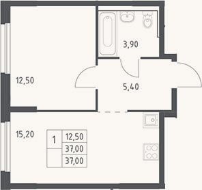 Планировка: 2-к, 37 м²