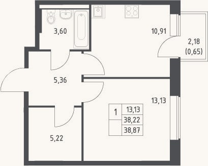 Планировка: 1-к, 38,2 м²