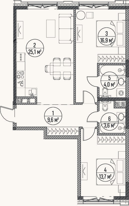 Планировка: 3-к, 72,9 м²