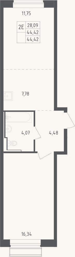 Планировка: 2-к, 44,4 м²