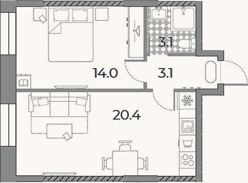 Планировка: 2-к, 40,6 м²