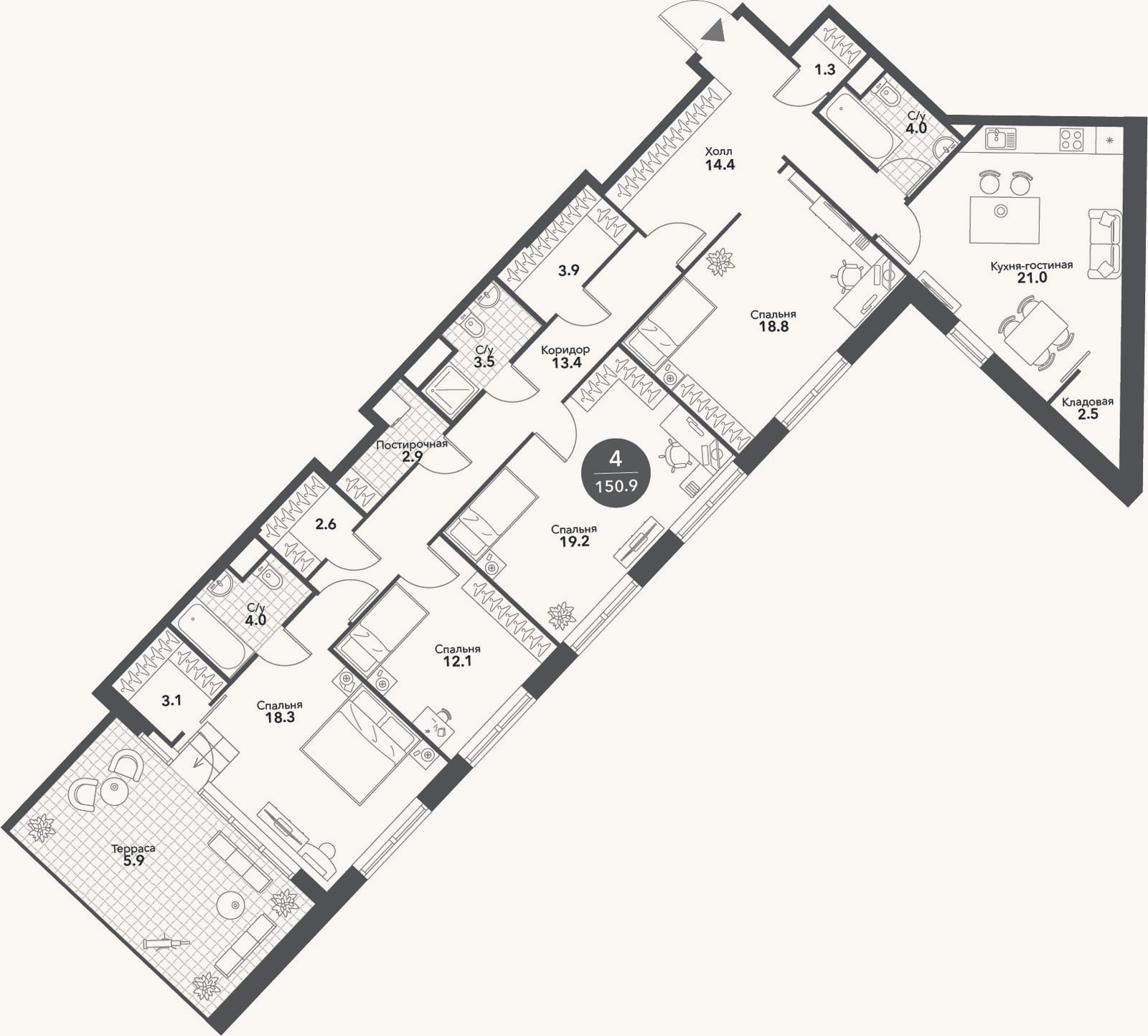 Планировка: 4+ к, 145 м²
