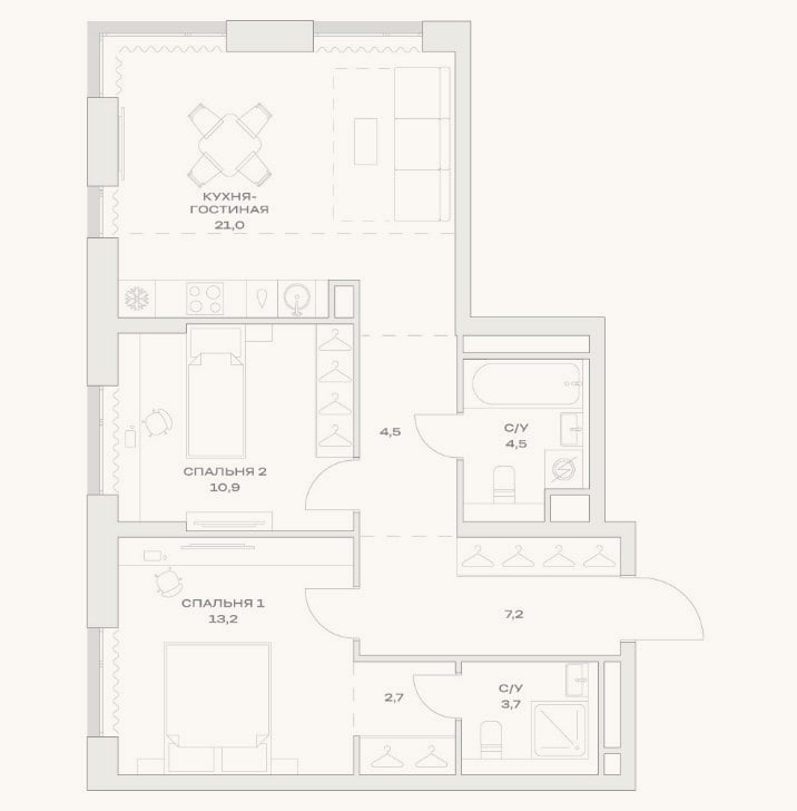 Планировка: 3-к, 69,3 м²