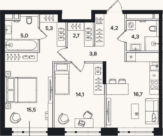 Планировка: 2-к, 71,6 м²