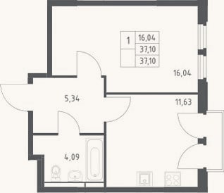 Планировка: 1-к, 37,1 м²