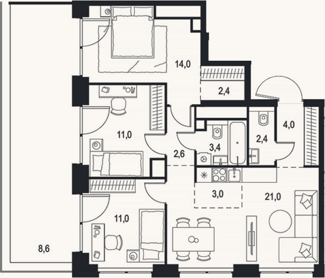 Планировка: 4+ к, 74,8 м²