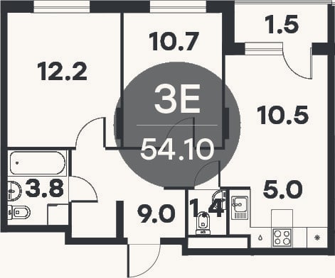Планировка: 3-к, 52,6 м²