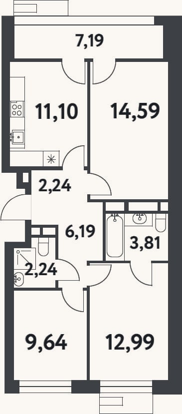 Планировка: 3-к, 62,8 м²