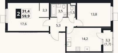 Планировка: 2-к, 58,2 м²
