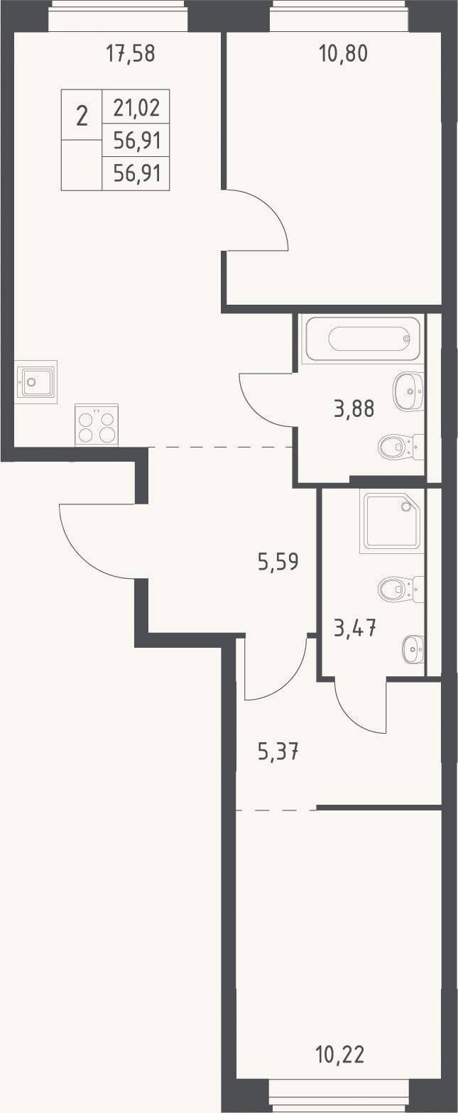 Планировка: 3-к, 56,9 м²