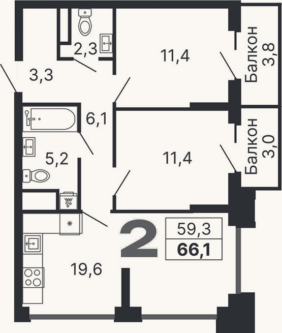 Планировка: 3-к, 59,3 м²