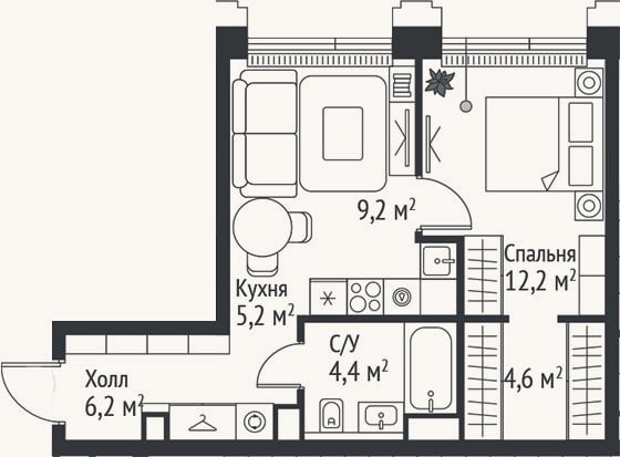 Планировка: 2-к, 41,8 м²