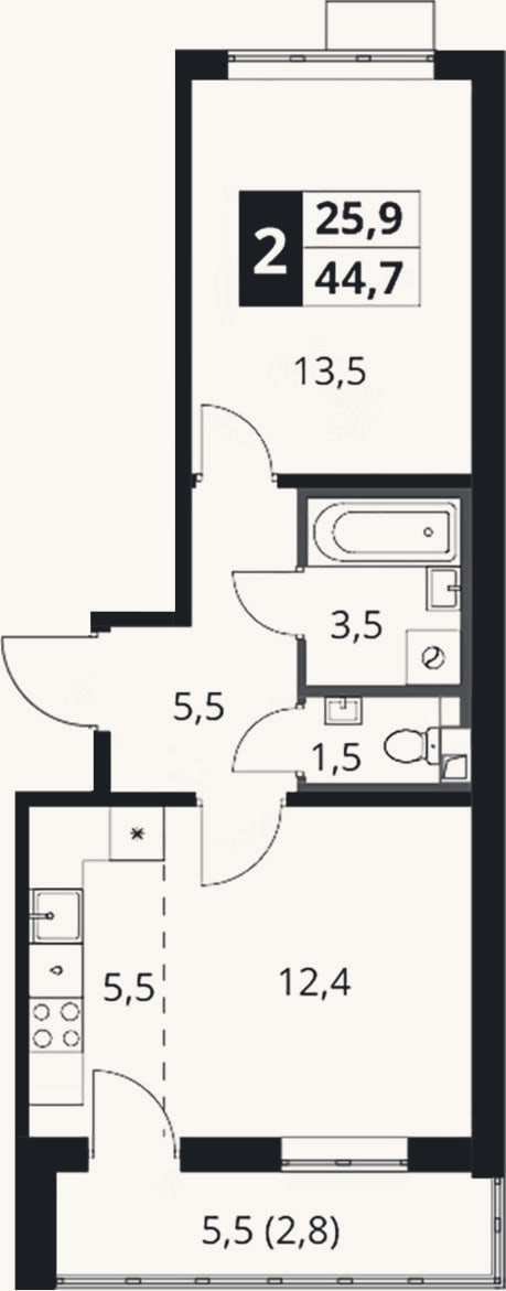 Планировка: 2-к, 41,9 м²