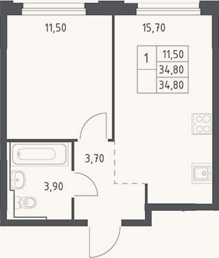 Планировка: 2-к, 34,8 м²