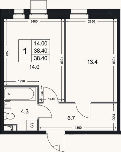 Планировка: 1-к, 38,4 м²