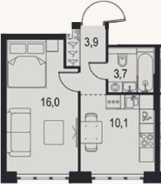 Планировка: 1-к, 33,7 м²
