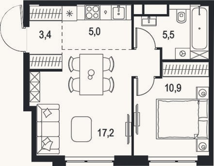 Планировка: 2-к, 42 м²