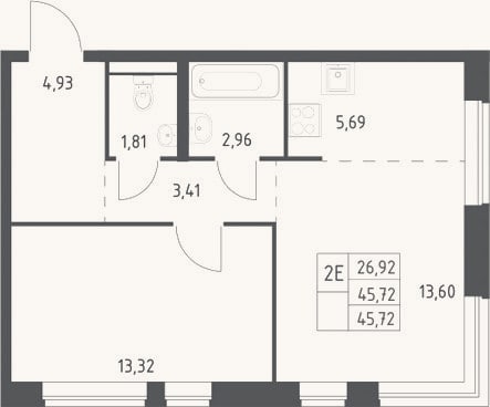 Планировка: 2-к, 45,7 м²