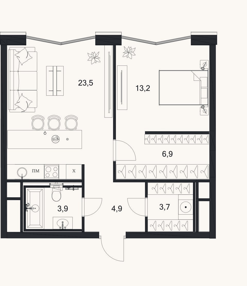 Планировка: 2-к, 56,1 м²
