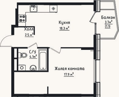 Планировка: 1-к, 42,8 м²