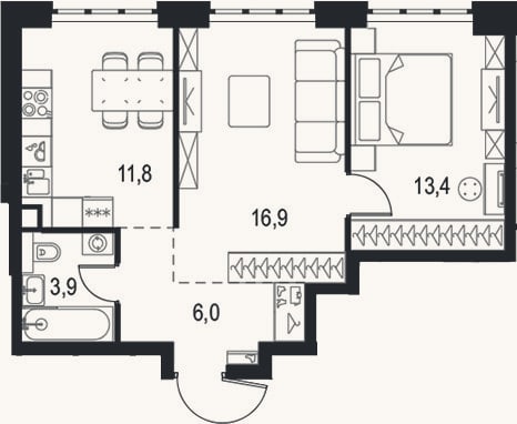 Планировка: 2-к, 52 м²