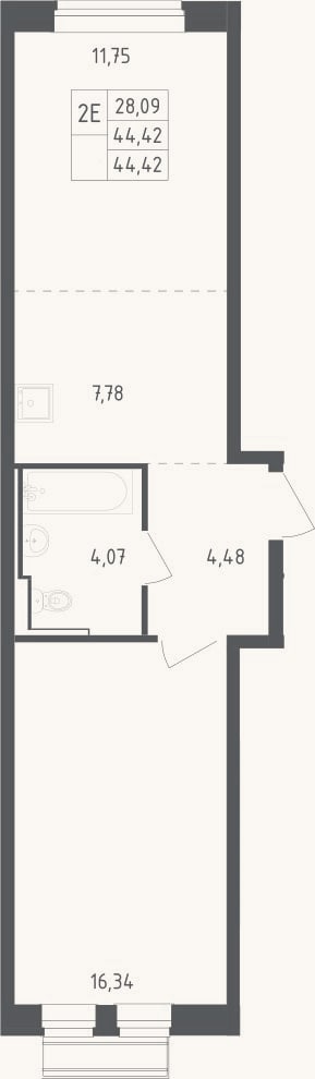 Планировка: 2-к, 44,4 м²
