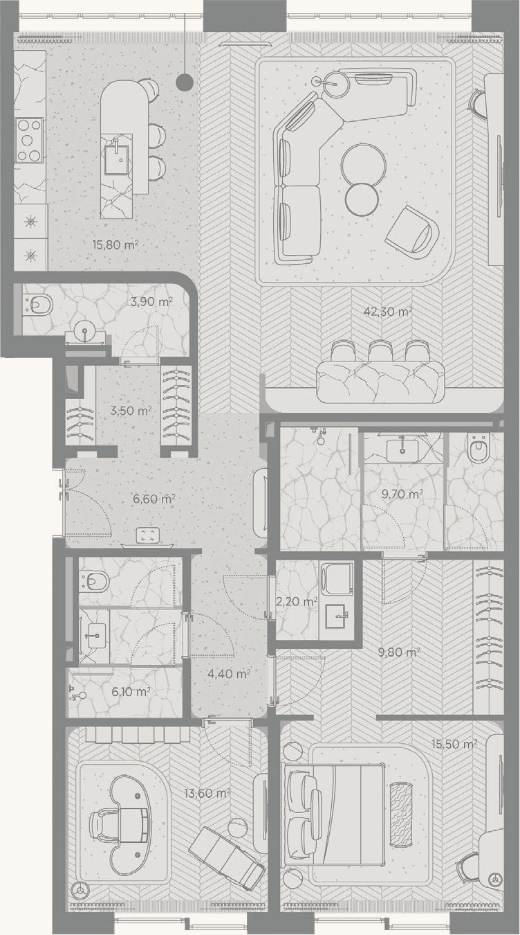 Планировка: 2-к, 133,4 м²