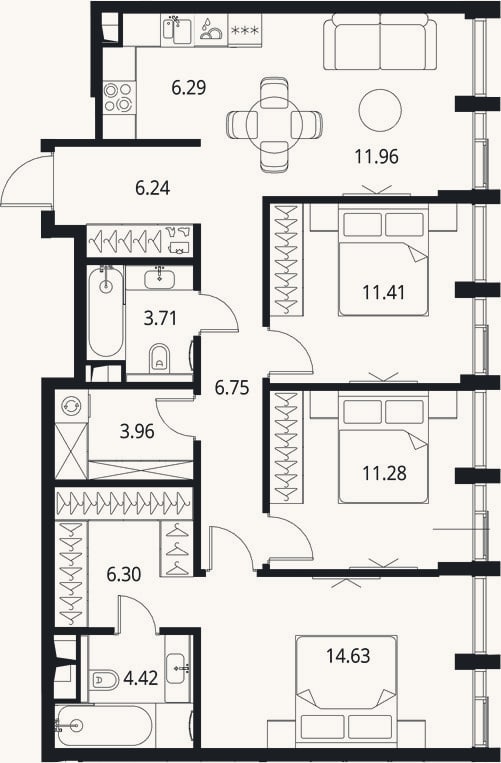 Планировка: 4+ к, 87 м²