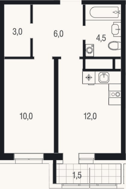 Планировка: 1-к, 35,5 м²