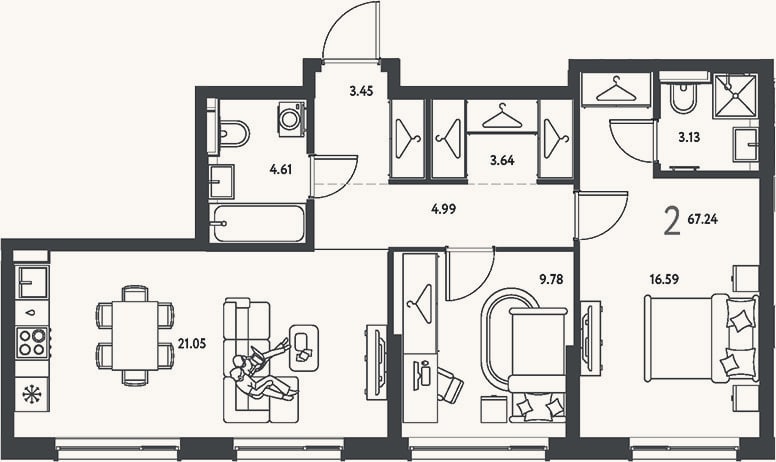 Планировка: 2-к, 67,2 м²