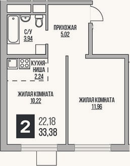 Планировка: 2-к, 33,4 м²