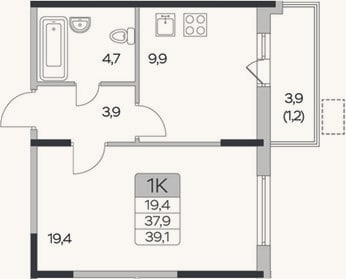 Планировка: 1-к, 37,9 м²
