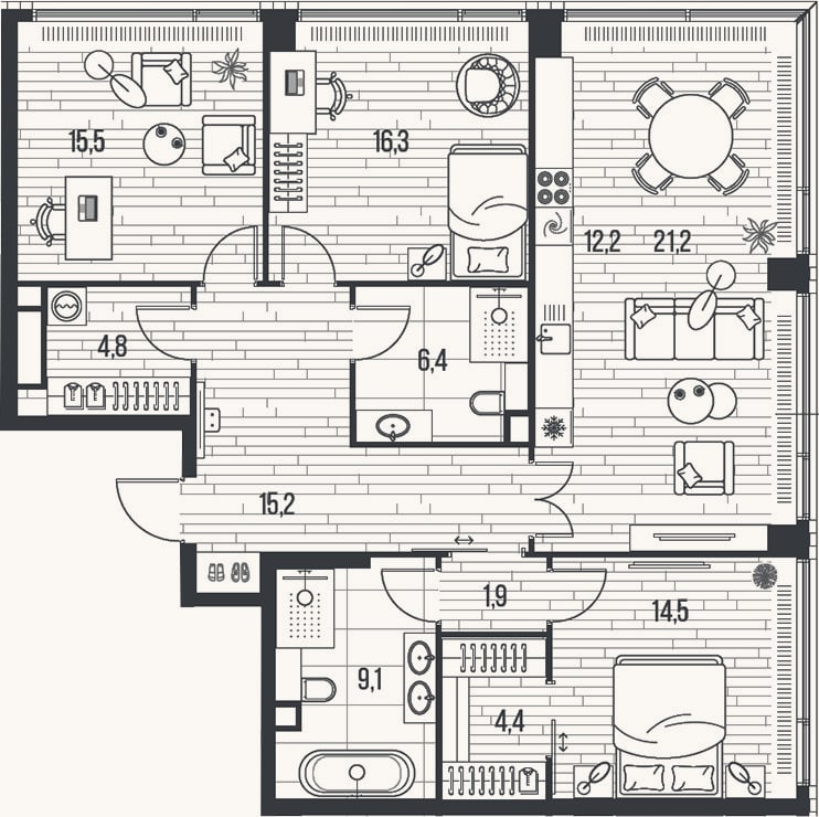 Планировка: 4+ к, 121,5 м²