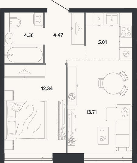 Планировка: 1-к, 40 м²