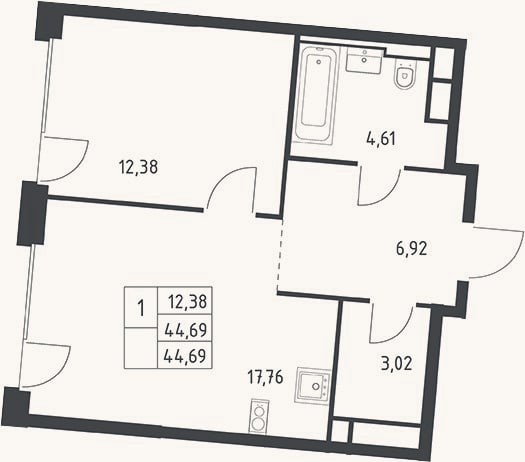 Планировка: 2-к, 44,7 м²