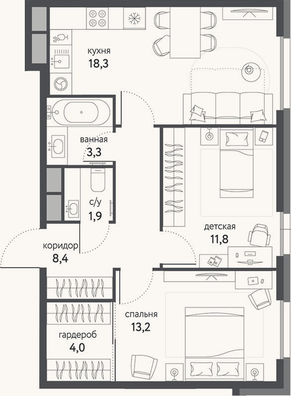 Планировка: 2-к, 60,9 м²