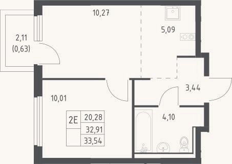 Планировка: 2-к, 32,9 м²