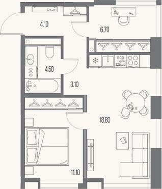 Планировка: 1-к, 48,3 м²