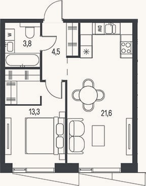 Планировка: 2-к, 43,2 м²