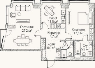 Планировка: 2-к, 75,4 м²