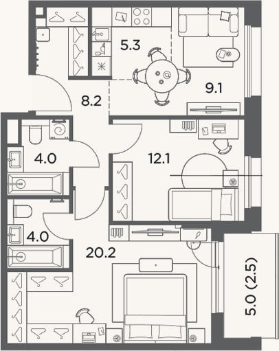 Планировка: 3-к, 62,9 м²