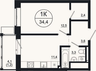 Планировка: 1-к, 33,2 м²