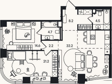 Планировка: 3-к, 88,6 м²