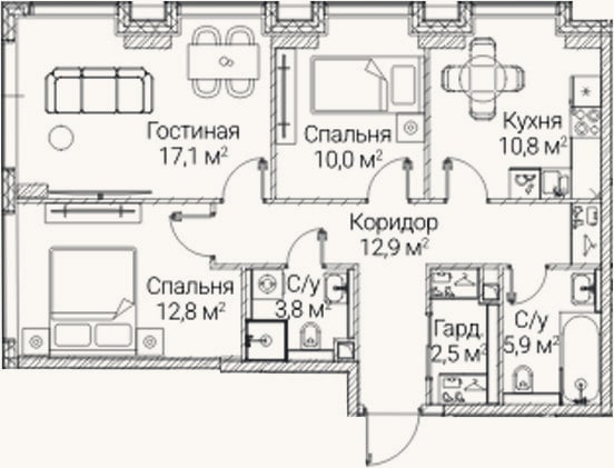 Планировка: 3-к, 75,8 м²
