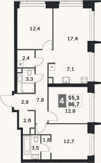 Планировка: 4+ к, 86,7 м²