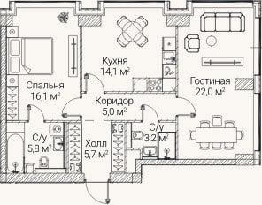 Планировка: 2-к, 71,8 м²