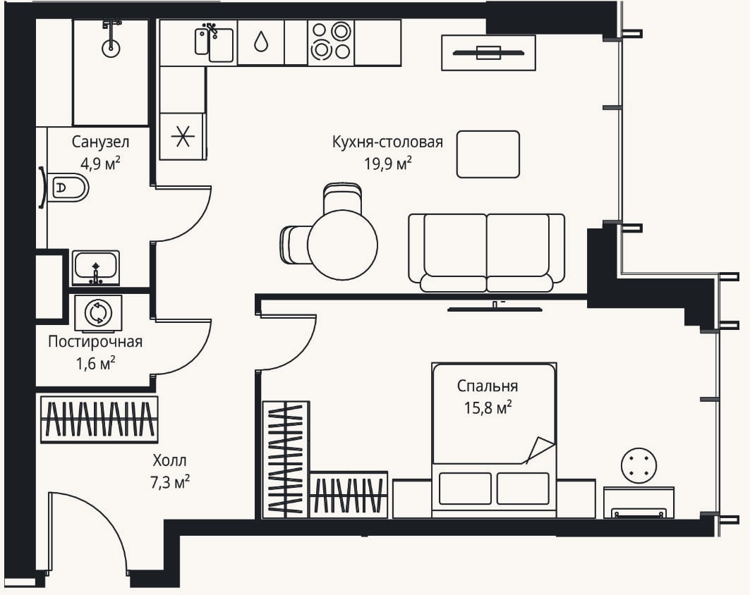 Планировка: 2-к, 49,5 м²