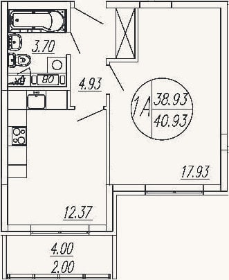Планировка: 1-к, 38,9 м²