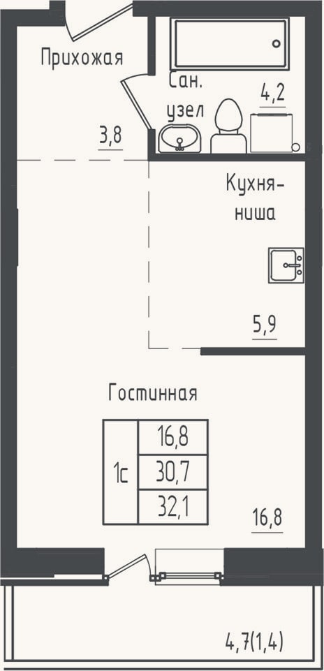 Планировка: Студия, 30,7 м²