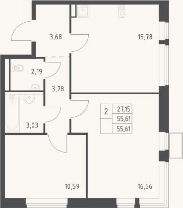 Планировка: 2-к, 55,6 м²